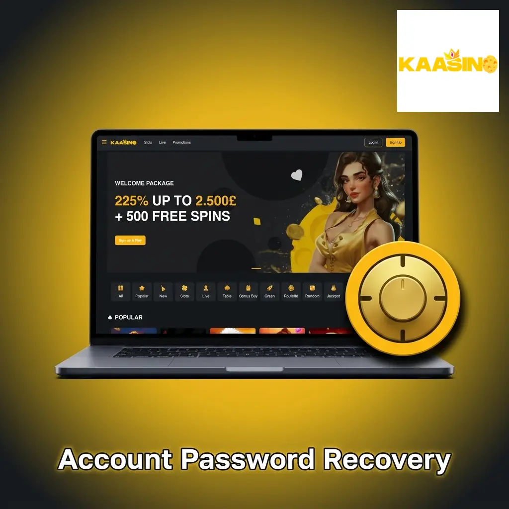 Kaasino account password recovery steps showing forgot password link, email reset process, and new password creation form