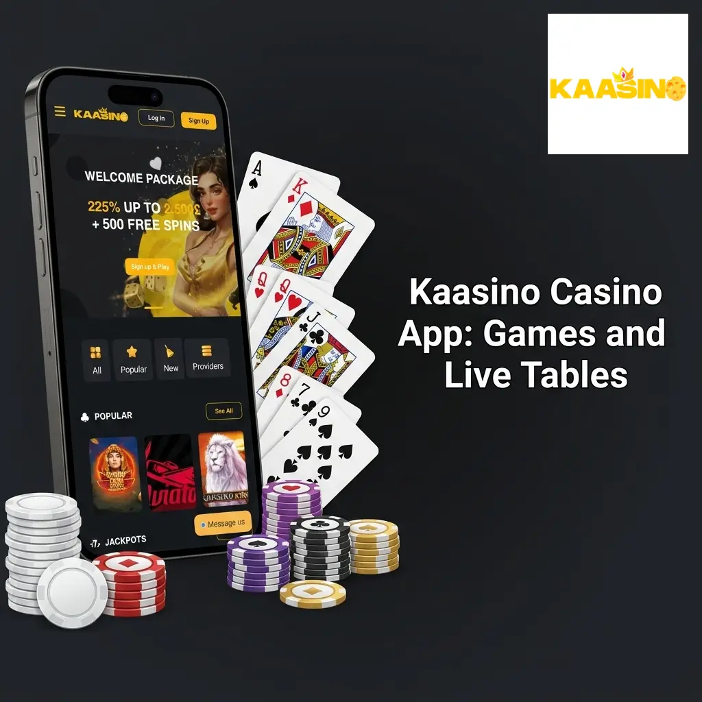 Kaasino casino app interface showing live tables, slot games, and real-time dealer streaming options for UK players