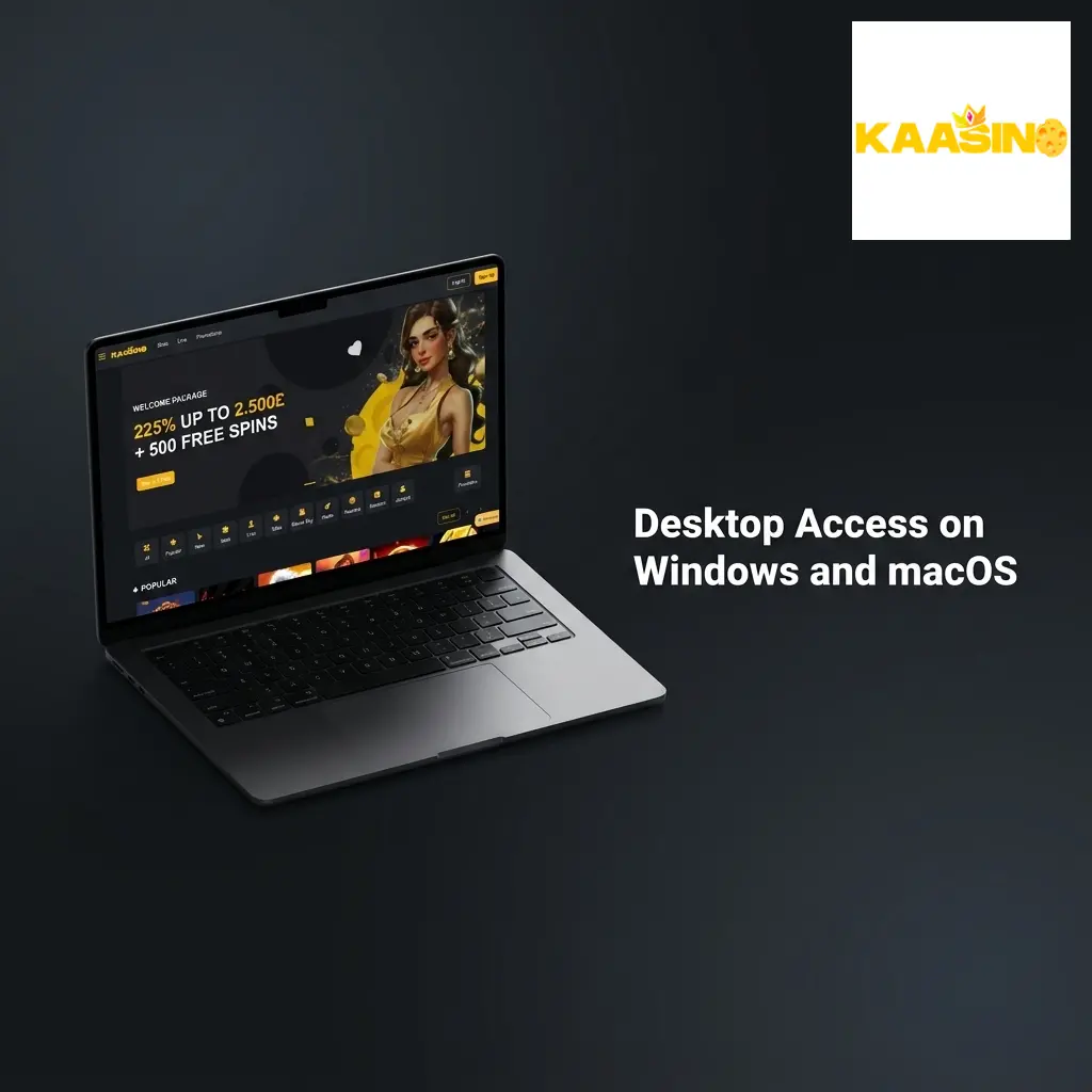 Kaasino desktop platform open in a web browser on Windows and macOS, showing the full sportsbook and casino interface
