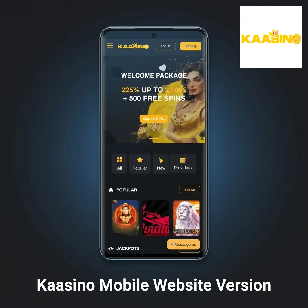 Kaasino mobile website displayed on a smartphone browser showing casino games and betting markets for UK players