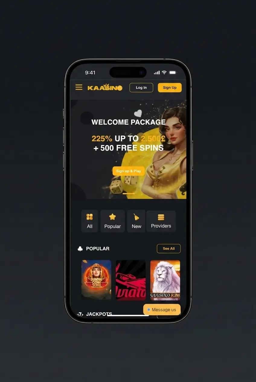 Kaasino mobile app login screen on iOS and Android with email, password, and Google sign-in options