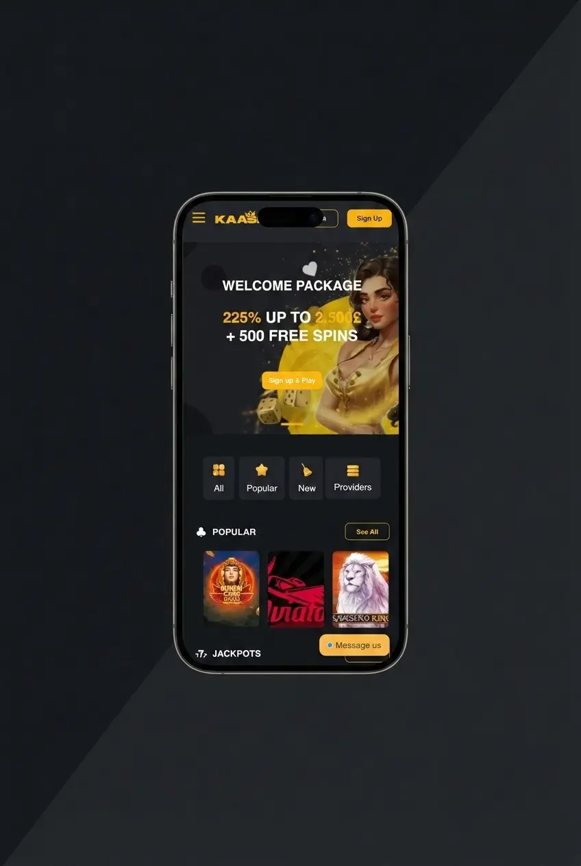 Kaasino mobile app registration screen showing sign-up steps for UK users aged 18 and over