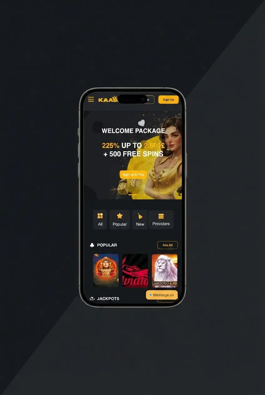 Kaasino mobile app registration screen showing sign-up steps for UK users aged 18 and over