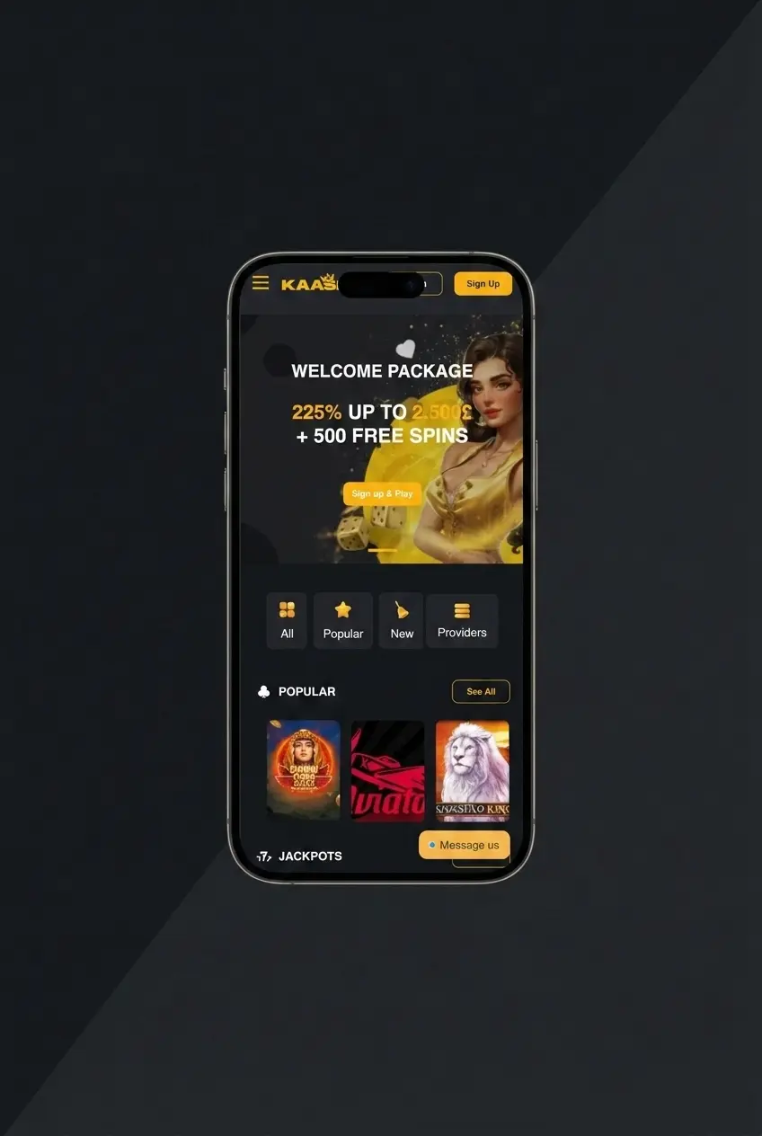 Kaasino mobile app registration screen showing sign-up steps for UK users aged 18 and over
