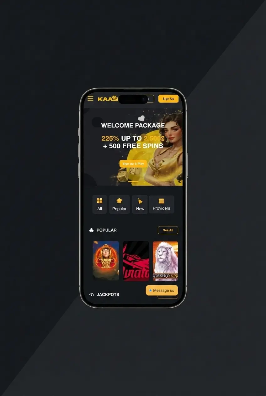 Kaasino mobile app registration screen showing sign-up steps for UK users aged 18 and over