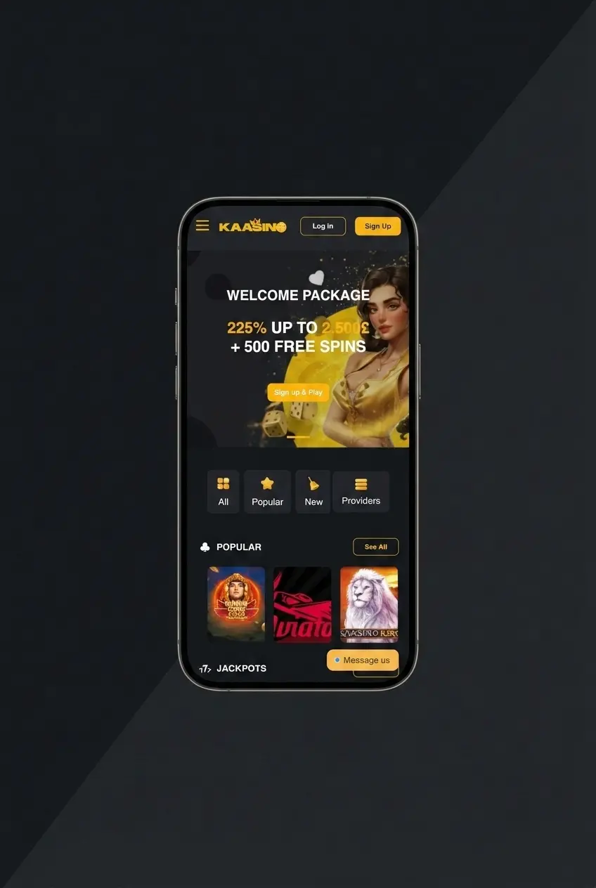 Kaasino mobile app registration screen showing sign-up steps for UK users aged 18 and over