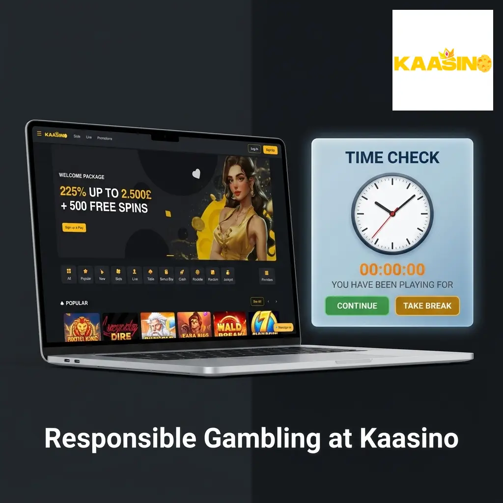 Kaasino responsible gambling tools including deposit limits, self-exclusion, and support links for UK players